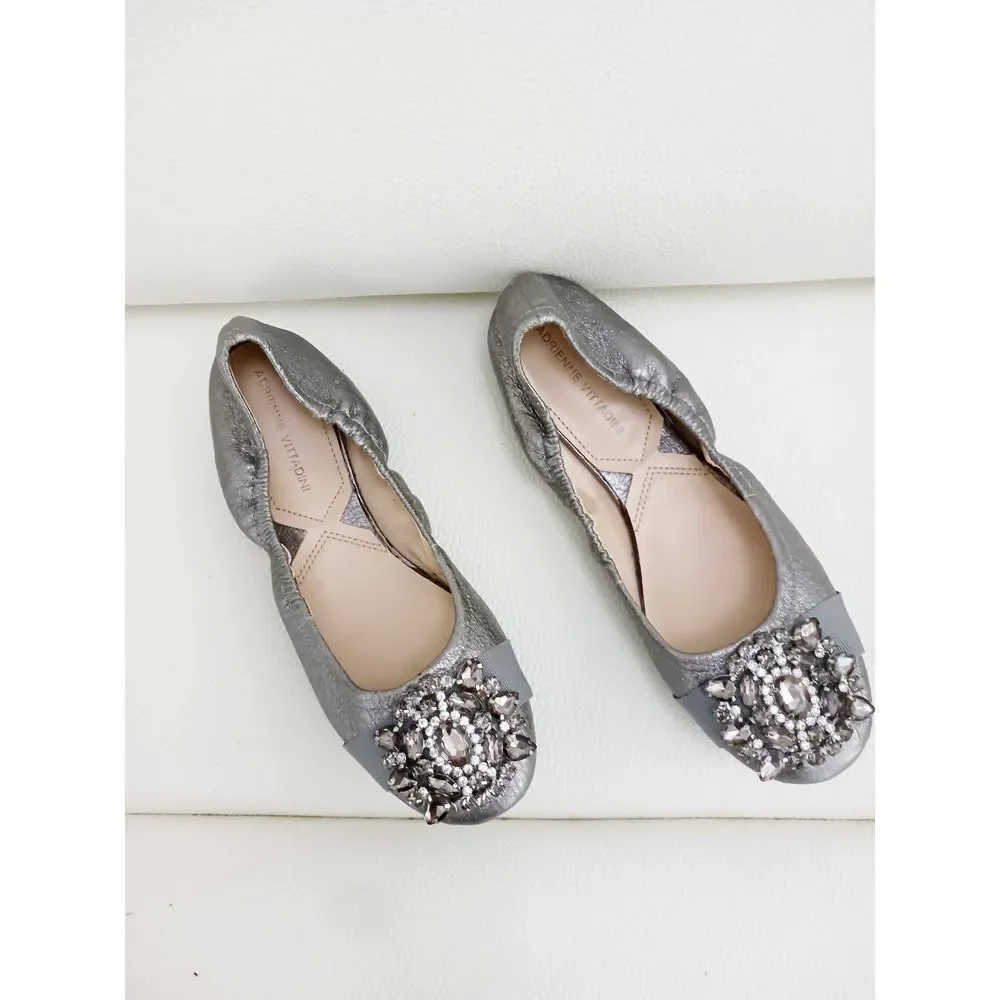 NWOT Adrienne Vittadini Gunmetal Grey Metallic Rhinestones Ballerina Flats …